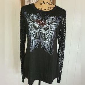 Rhinestone Cowgirl Angel Wings Burnout Pistol Tee W/ Lace Sleeves, Plus Size 1X